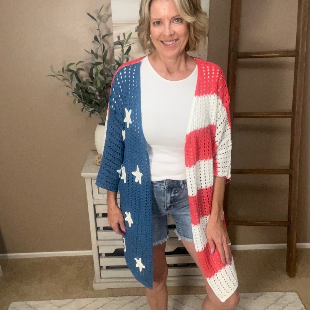 BiBi Red and White Cardigan Sweater with Patriotic Design